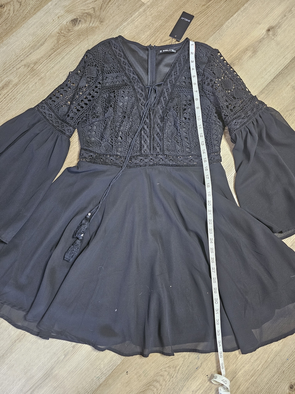 Black Crochet Bodice Long-Sleeve Mini Dress